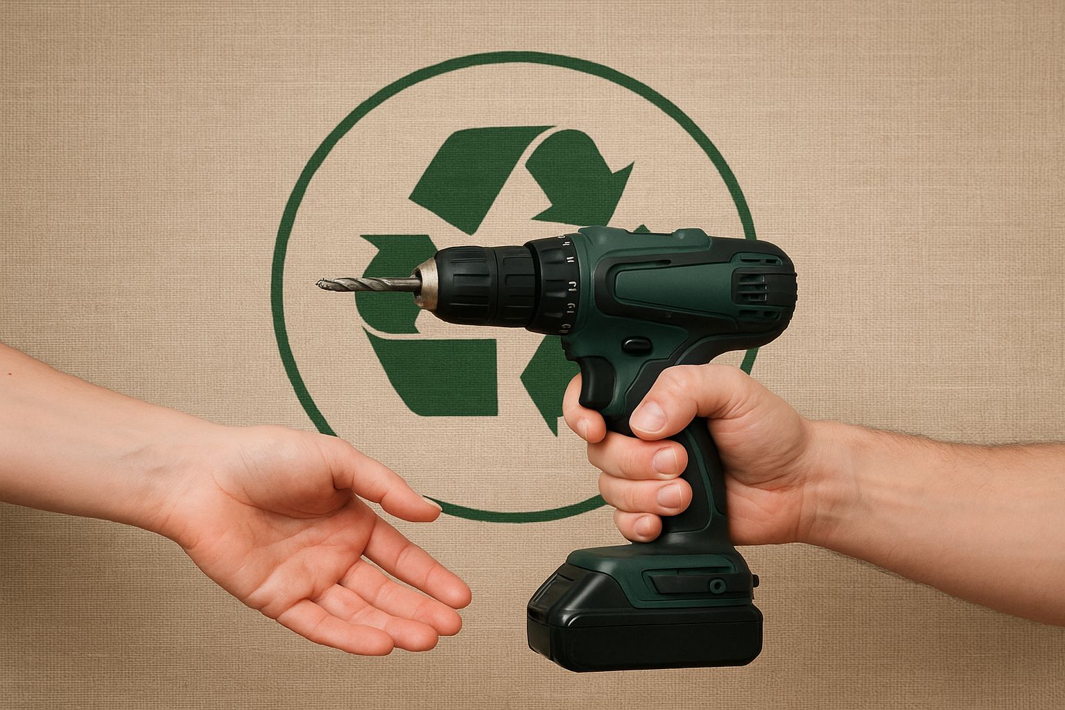 Människor byter verktyg på en verkstad, symboliserar cirkulär ekonomi och samarbete.